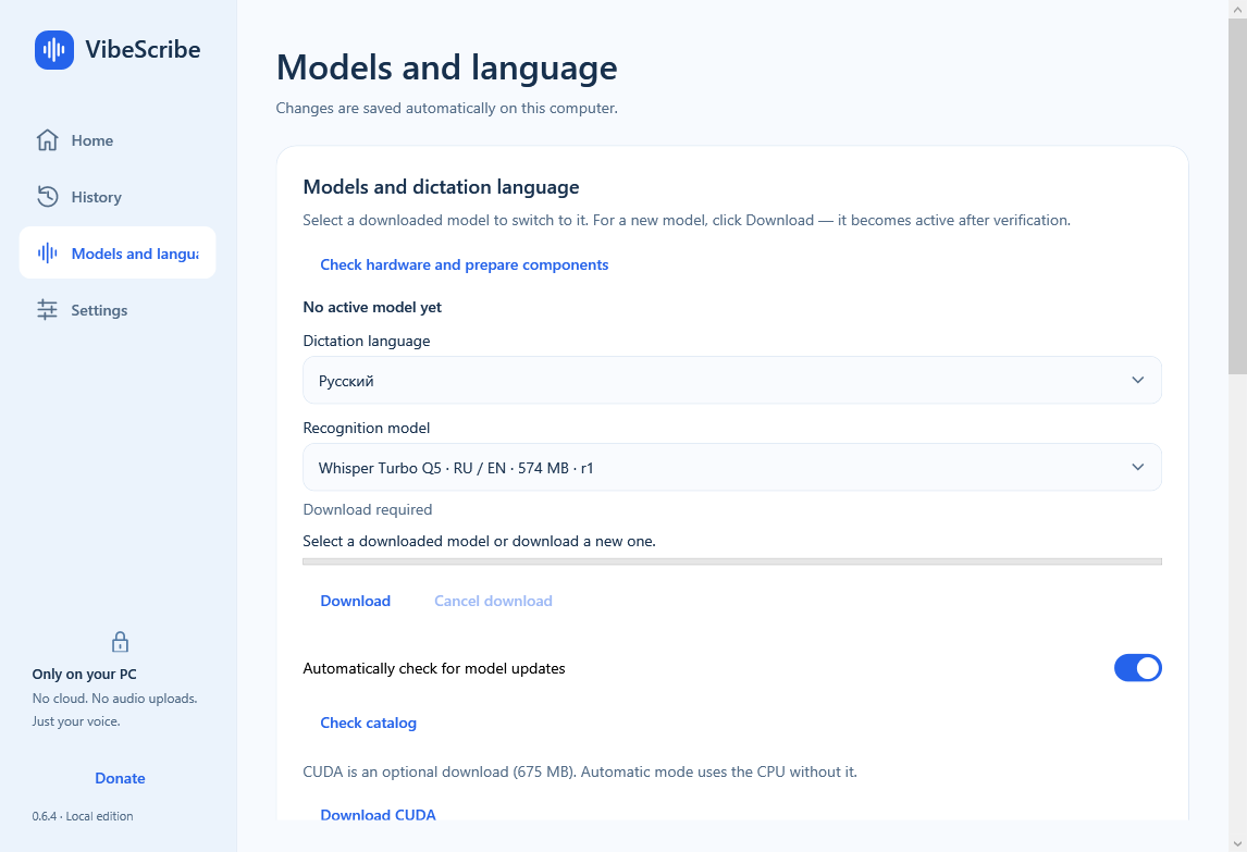 VibeScribe window showing dictation language, model selection, download and component settings